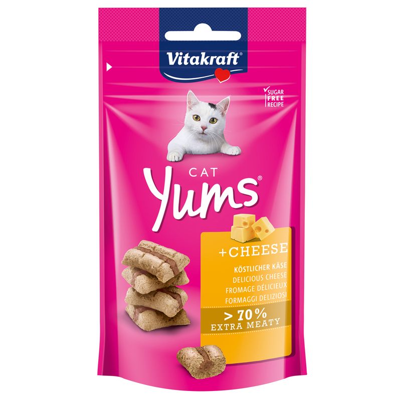 Vitakraft Cat Yums + Cheese, delicious cheese, over 70% extra meaty, sugar-free recipe.