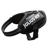 Black Julius-K9 IDC Power dog harness with reflective stitching and sturdy fastener.