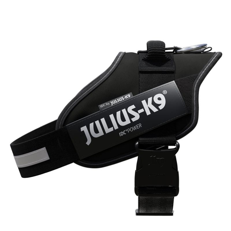 Julius-K9 IDC Power dog harness in black with reflective stripes and sturdy buckle.
