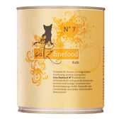 Catz finefood No 7 Kalb tin with visible German text describing ingredients including veal, pineapple and seaweed, and stating no preservatives, colourings or flavour enhancers.