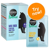 COSMA Pure Love Nature Mix Box Chicken and Fish in Broth, 6 x 50g, 100% natural ingredients. Pouch: Chicken Breast in Broth, 50g. Orange badge reads Try now!