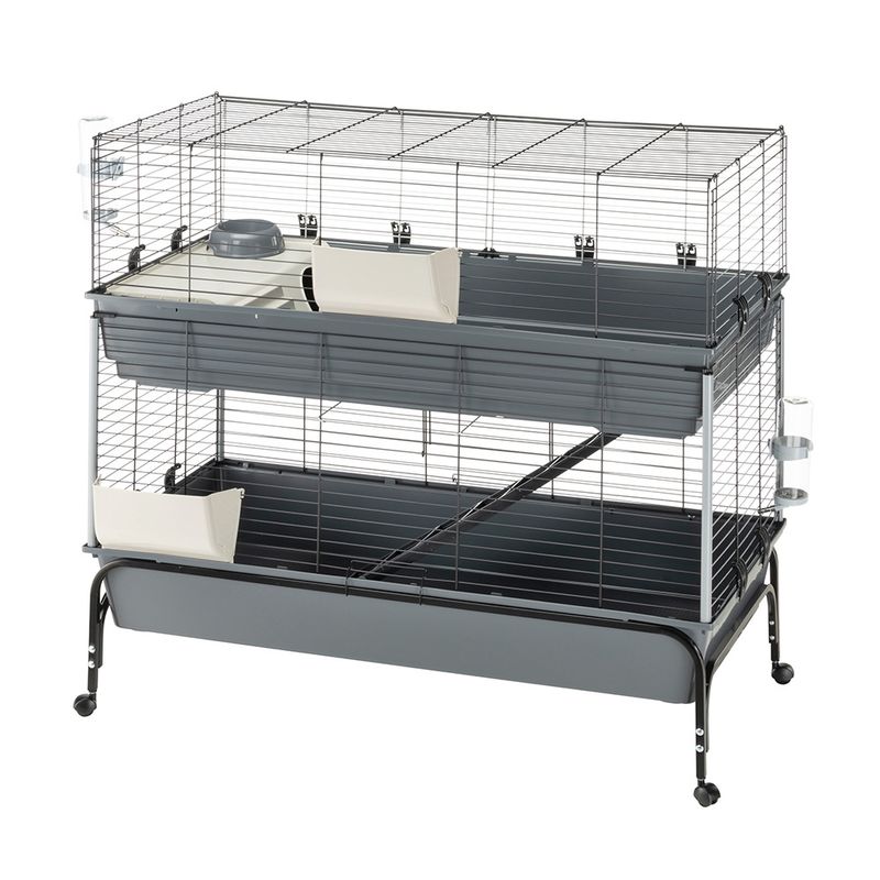Two-storey small animal cage made of metal with mesh walls, plastic trays, ramps and wheels. Includes food container and water bottle.