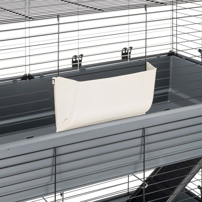 Grey metal cage with white feed trough attached to the inside of the cage. Suitable for small animals.