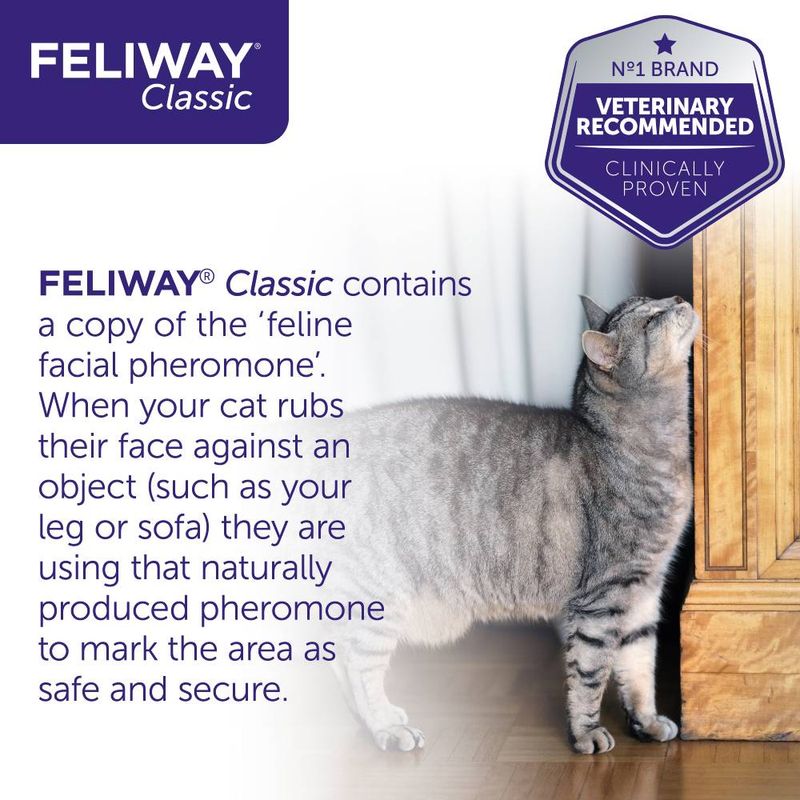 FELIWAY Classic contains a copy of feline facial pheromone, used by cats to mark areas as safe and secure. Veterinary recommended and clinically proven.