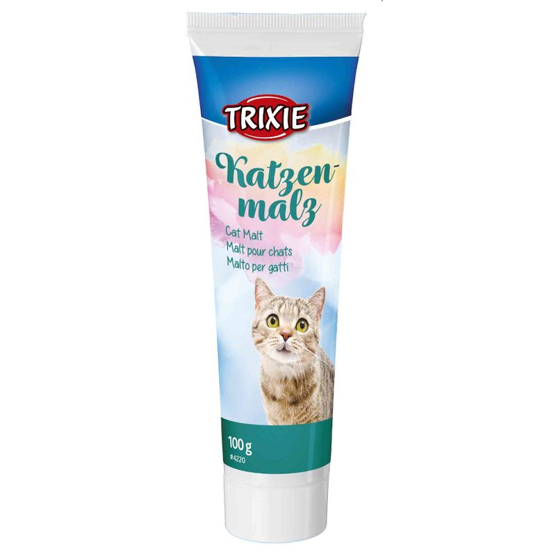 Trixie cat malt, 100 g tube. Text in several languages: Cat Malt, Malt pour chats, Malto per gatti. Image of a cat on the packaging.