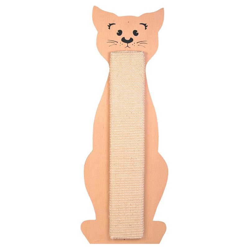 Scratching board in cat shape made of wood with beige sisal area in the centre.