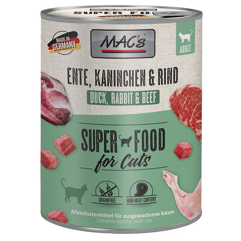 MAC's Super Food for Cats, duck, rabbit & beef. Made in Germany, grain-free, high meat content. Complete food for adult cats.