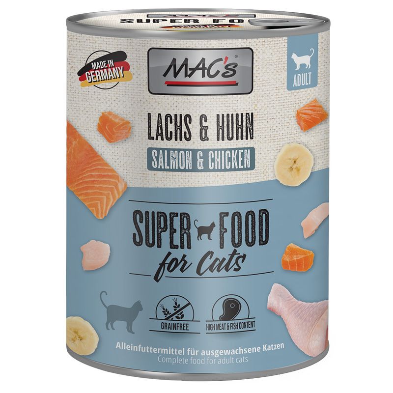 MAC's Super Food for Cats, salmon & chicken. Made in Germany, grain-free, high meat and fish content. Complete food for adult cats.