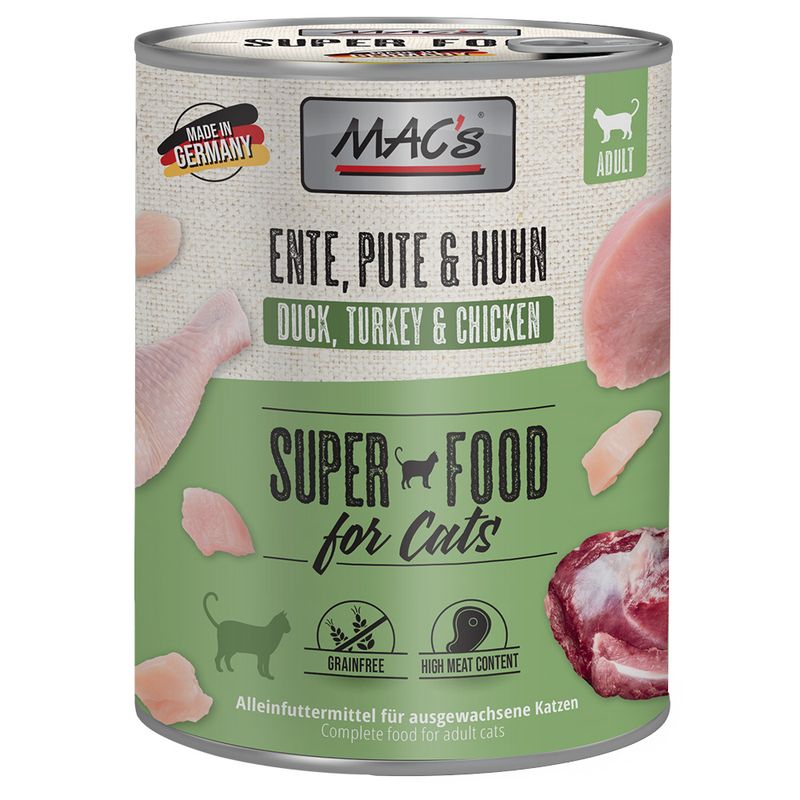Duck, turkey and chicken super food for adult cats. Grain-free, high meat content. Made in Germany. Complete food for adult cats.