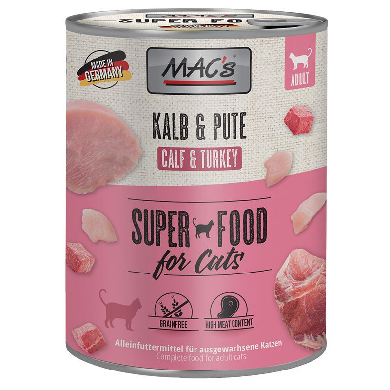 MAC's Veal & Turkey Superfood for cats. Made in Germany, grain-free, high meat content. Complete food for adult cats.