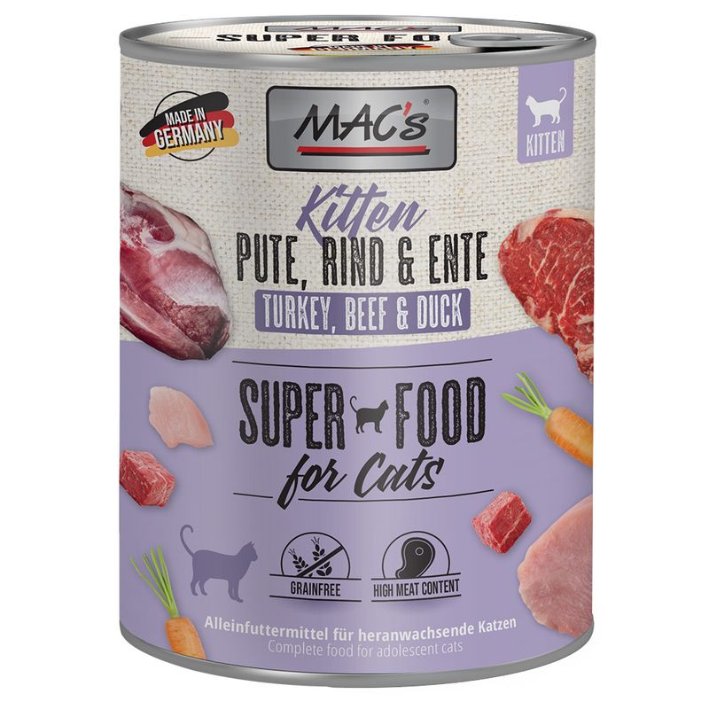 MAC's Kitten Super Food for cats, turkey, beef & duck. Made in Germany, grain-free, high meat content. Complete food for growing cats.