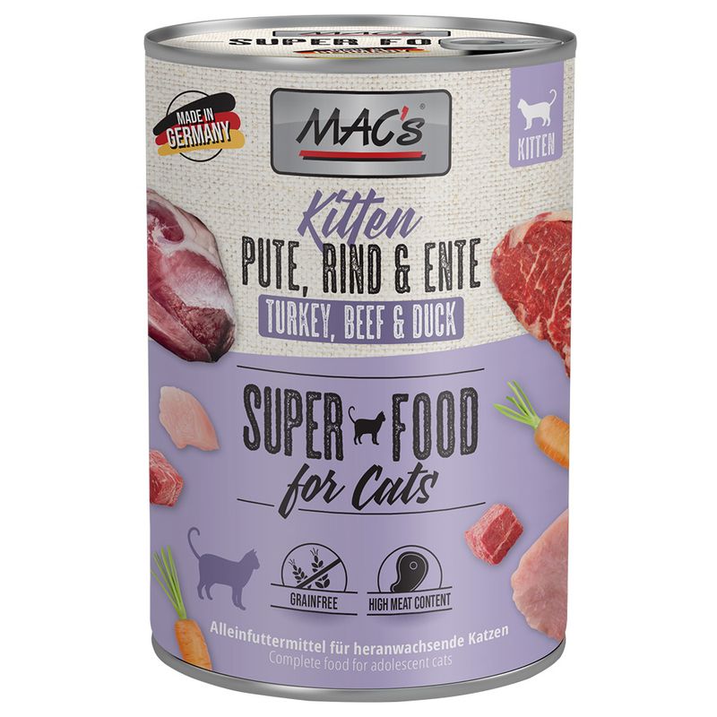 MAC's Kitten Super Food for cats, turkey, beef & duck. Made in Germany, grain-free, high meat content. Complete food for growing cats.