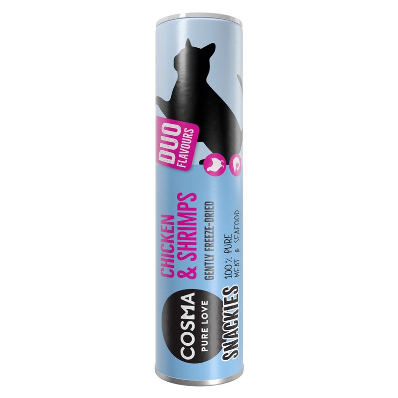 Cosma Snackies Duo Flavours Chicken & Shrimps, gently freeze-dried, 100% pure meat and seafood.
