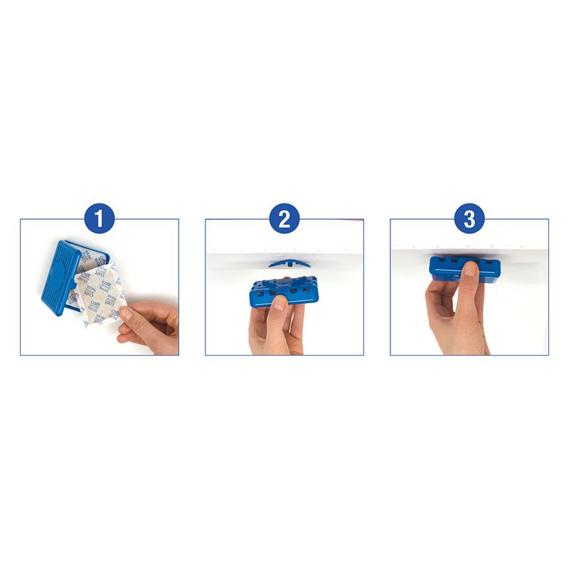 Instructions for using a blue air freshener: 1. Insert fragrance pad, 2. Attach holder under furniture, 3. Close holder.
