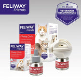Feliway Friends diffuser and refill packaging with text: 'Happy Cats, Constant harmony. Helps reduce tension between cats at home.' Badge states 'Veterinary recommended, clinically proven.'