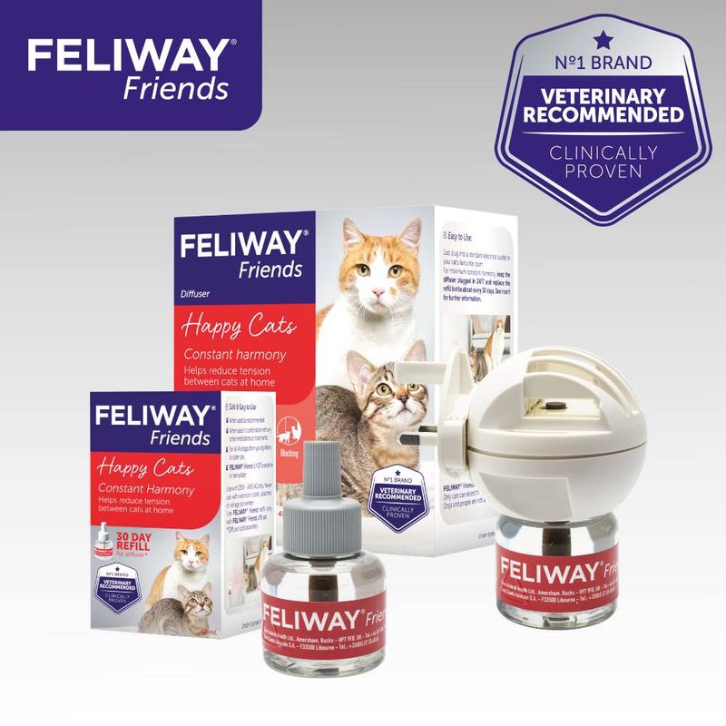 Feliway Friends diffuser and refill packaging with text: 'Happy Cats, Constant harmony. Helps reduce tension between cats at home.' Badge states 'Veterinary recommended, clinically proven.'