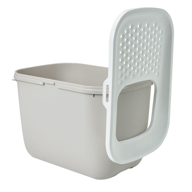 Plastic litter box with a detachable, perforated lid shown open, highlighting the entryway and textured surface for trapping litter.