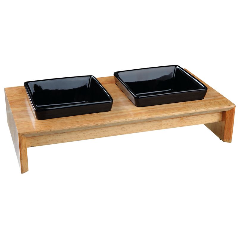 Double bowl set with black ceramic and raised wooden stand, ideal for food and water.