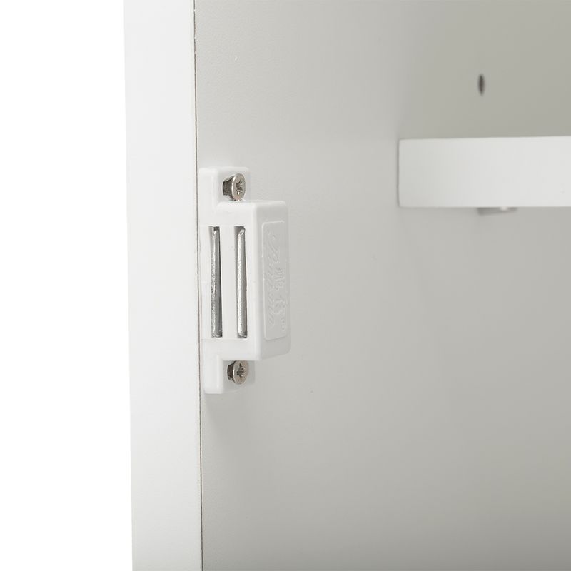 Close-up of a white magnetic lock with metal pins, mounted on a white door.