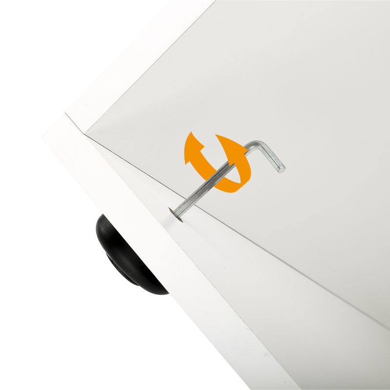 Assembly instructions using Allen key and twisting motion, shown with orange arrows.