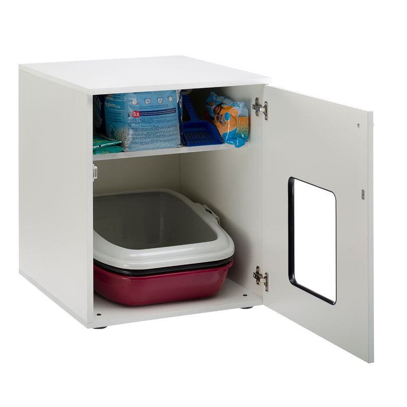 White cabinet with open door, showing cat litter, litter scoop and litter tray inside. Practical storage for cat accessories.