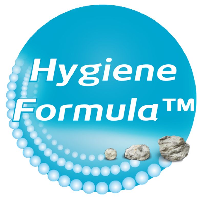 Hygiene Formula™ with blue pearls and small stones, product feature for hygiene and cleanliness.