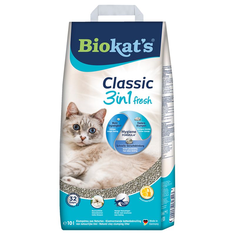 Biokat's Classic 3in1 fresh cat litter, Hygiene Formula with higher yield, firmer clumps and faster odour control. Natural clay, Made in Germany, 32 days freshness.