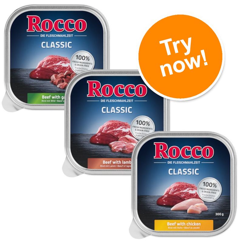Rocco Classic wet dog food trays: Beef with game, Beef with lamb, Beef with chicken. Labels show 100% fresh ingredients & grain-free. Orange circle with text: Try now!