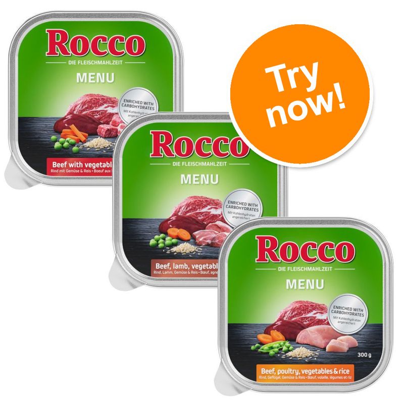 Rocco Menu wet food trays, visible varieties: Beef with vegetables & rice, Beef, lamb, vegetables & rice, Beef, poultry, vegetables & rice. Orange badge reads: Try now!