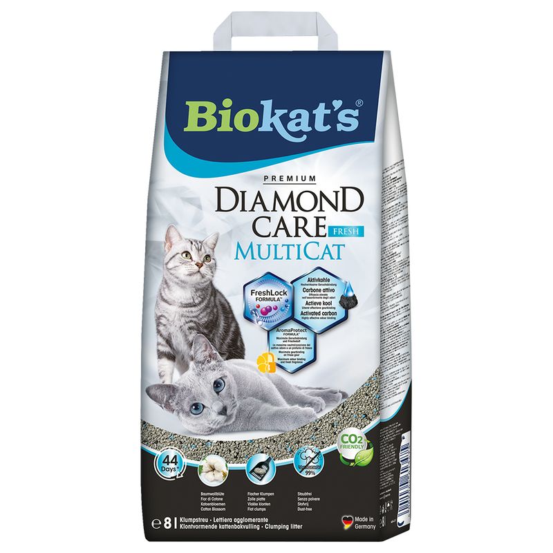 Biokat's Diamond Care Fresh Multicat cat litter, activated carbon, FreshLock formula, AromaProtect, CO2-friendly, clumping litter for up to 44 days, Made in Germany.