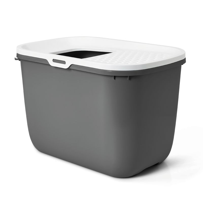 Grey cat litter box with white lid and top entry. Rectangular shape, modern design.