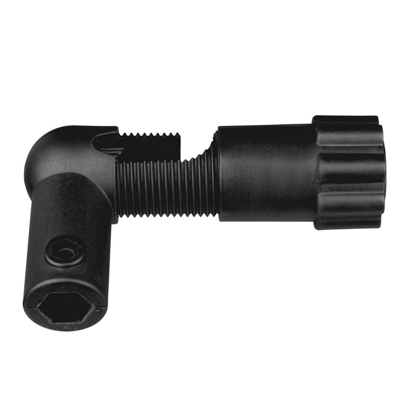 Black metal joint piece with thread and hexagonal opening, suitable for mechanical connections.