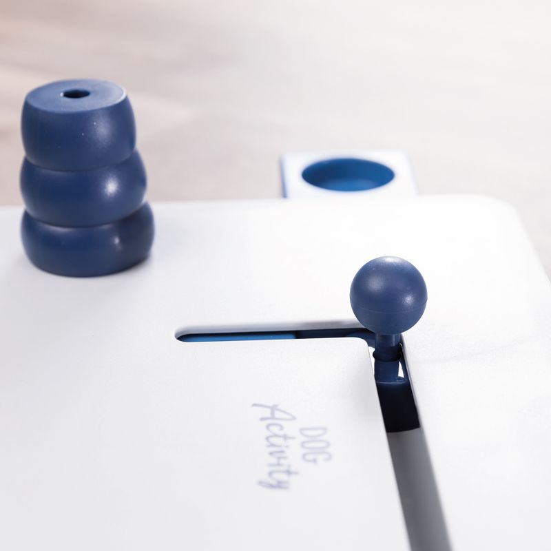 Toy with blue elements and the inscription 'Dog Activity', slider and stacking game visible.