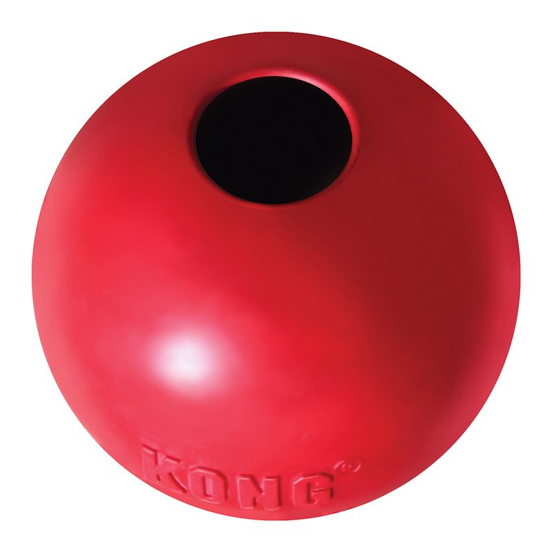 Red KONG ball with opening, suitable for snacks or toys. Brand name 'KONG' visible on the surface.