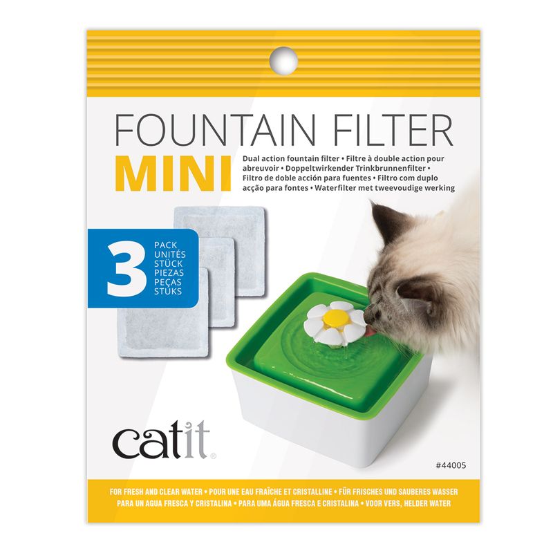 Fountain filter mini, 3 pack. Image shows dual action filters and a pet drinking from a green and white water fountain with a flower-shaped spout.