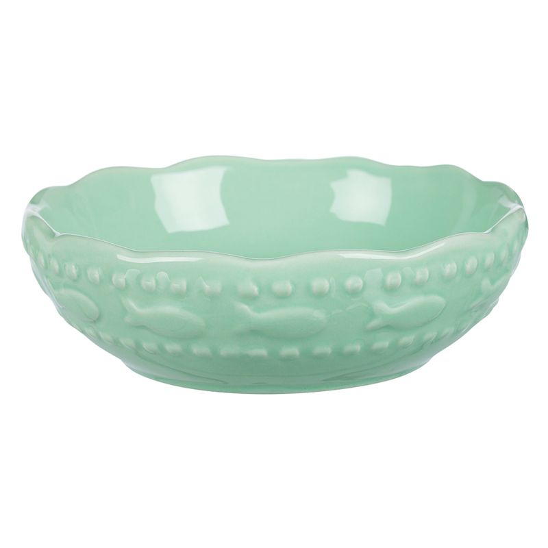 Green ceramic bowl with fish pattern and wavy rim, suitable for food or water.