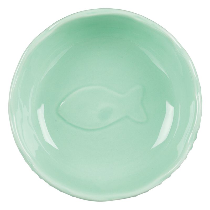 Green ceramic bowl with embossed fish motif, suitable for food or water.