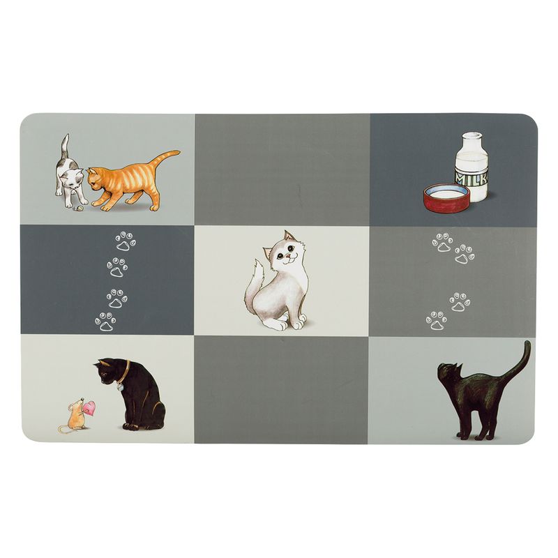 Illustrations of cats, paw prints, a milk bottle with bowl, and a mouse on a rectangular mat. Suitable as a feeding mat for pets.