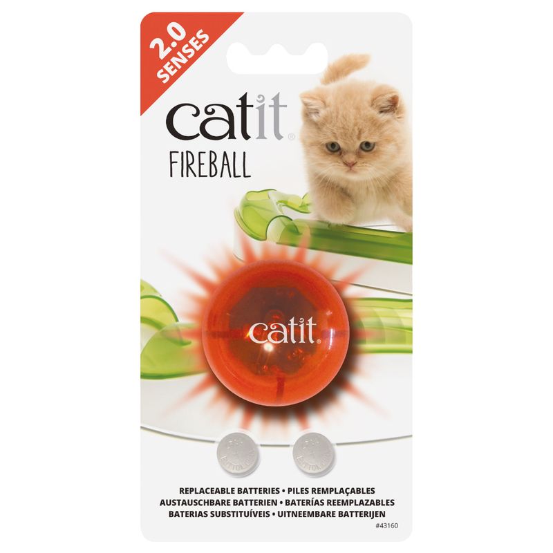 Catit Fireball with replaceable batteries, suitable for Catit Senses 2.0 toy. Packaging shows a red glowing ball and a kitten.