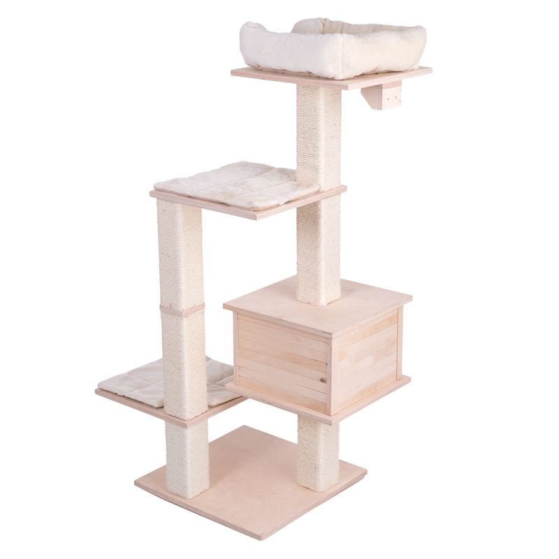 Cat tree made of light wood with four levels, sisal-wrapped posts, padded resting areas and a closed box. Top level with soft bed.