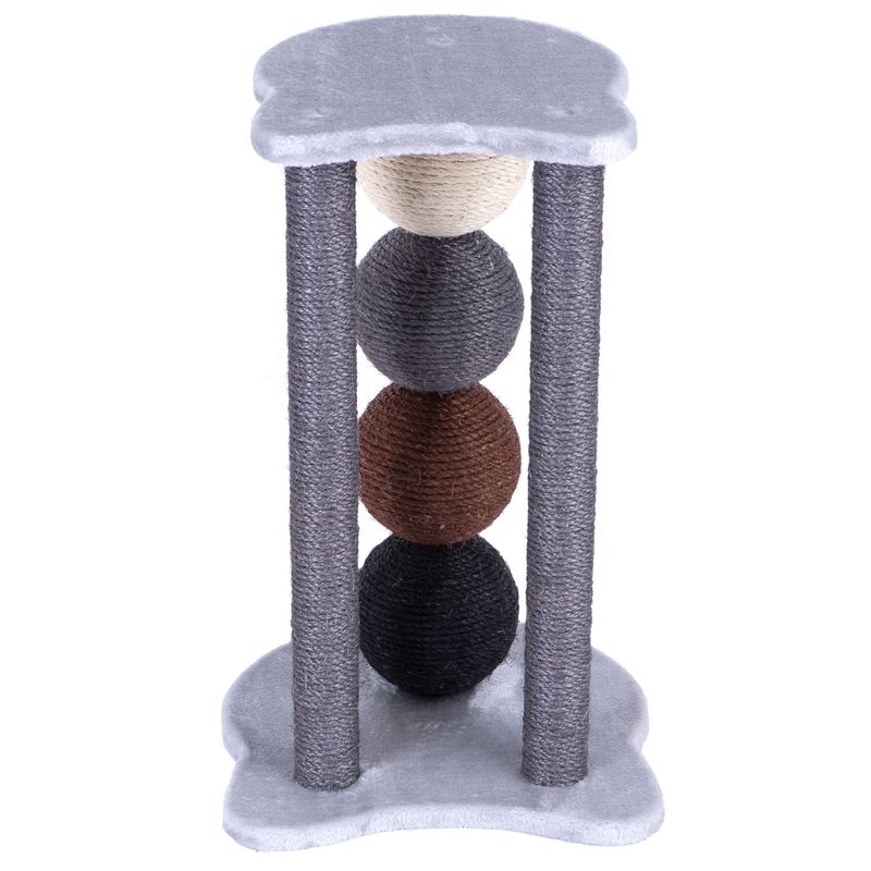 Scratching post with four stacked rope-wrapped balls in different colours, supported by three vertical posts and a soft base and top platform.