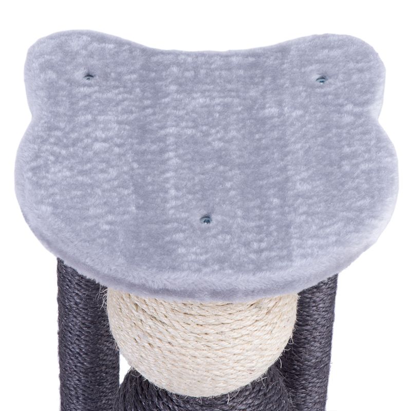 Cat tree with light grey, plush-covered platform in cat head shape and sisal-wrapped post.