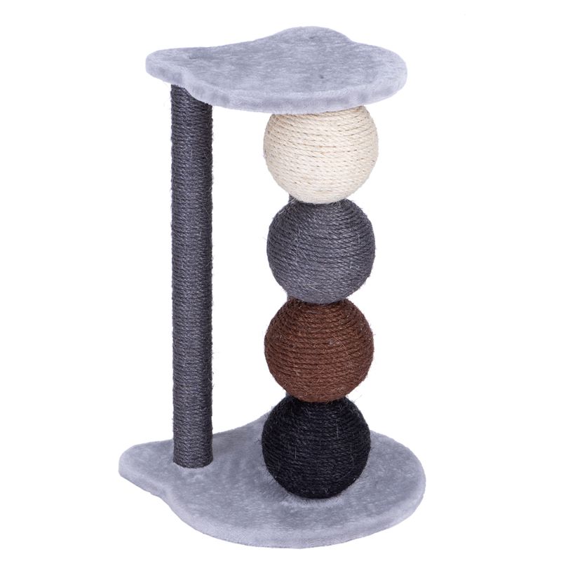 Cat tree with grey platform, scratching post and four colourful sisal balls in white, grey, brown and black.