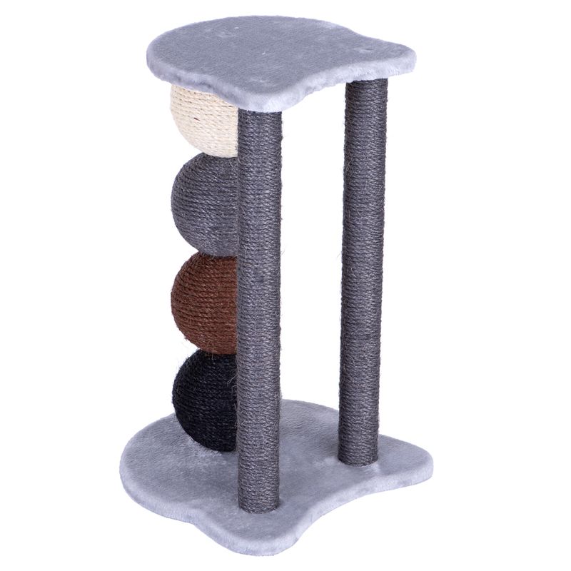 Cat tree with grey platform, two sisal posts and four colourful balls made of rope material in beige, grey, brown and black.