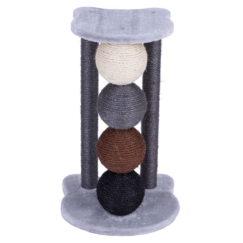 Toy with four sisal balls in white, grey, brown and black, attached between two grey plates.