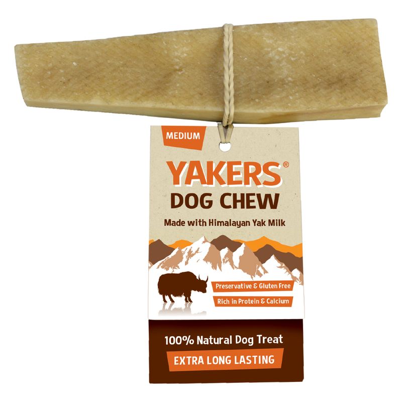 Yakers dog chew, medium size, made with Himalayan yak milk. Preservative and gluten free, rich in protein and calcium. 100% natural dog treat, extra long lasting.