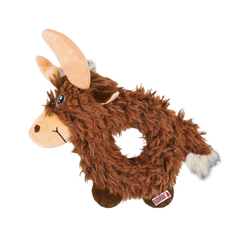 Plush toy shaped like a brown bull with horns and fur texture, hole in the centre. Brand logo 'KONG' visible at the bottom edge.