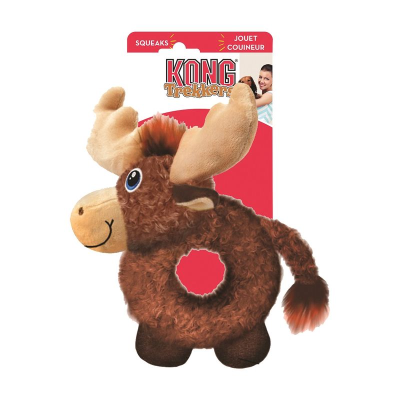 KONG Trekker plush toy in moose shape with squeaker, brown with beige antlers. Packaging shows KONG brand and text 'Squeaks' and 'Jouet Couineur'.