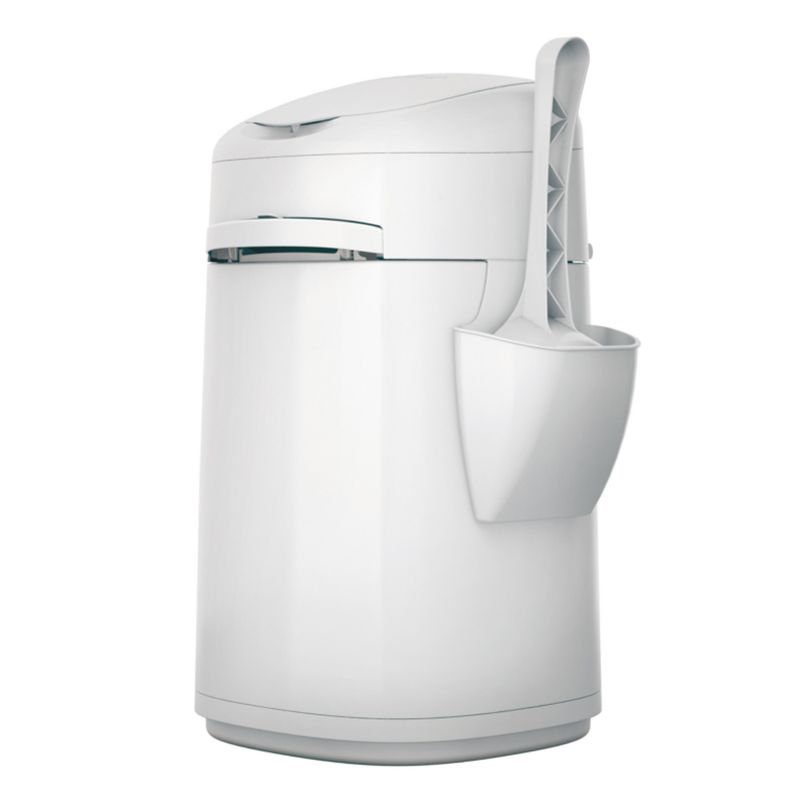 White container with integrated handle and scoop holder, suitable for storing pet litter or waste.