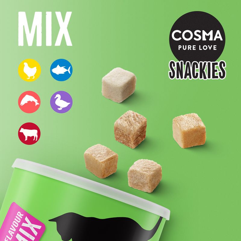 Cosma Pure Love Snackies Mix. Freeze-dried snacks with chicken, fish, duck, beef and salmon. Cube shape, green packaging with black cat silhouette.